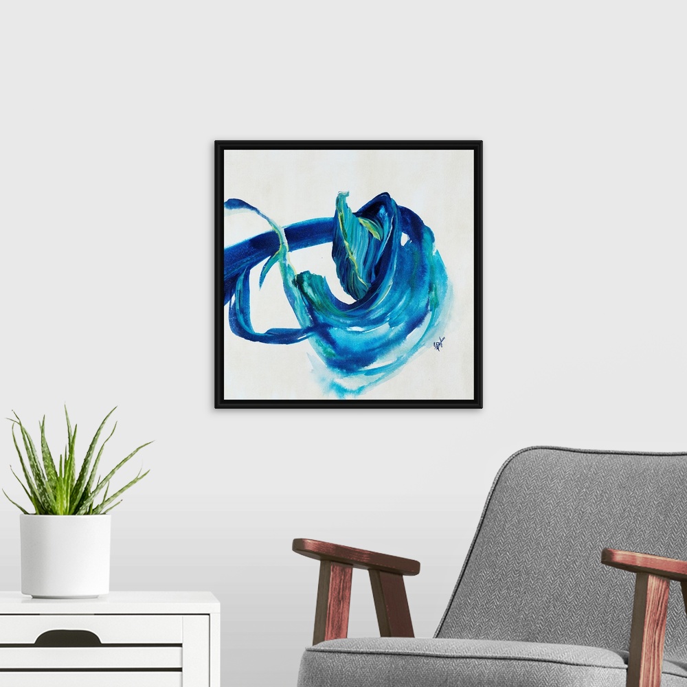 A modern room featuring Contemporary painting of an energetic form painting in various shades of blue with hints of yello...