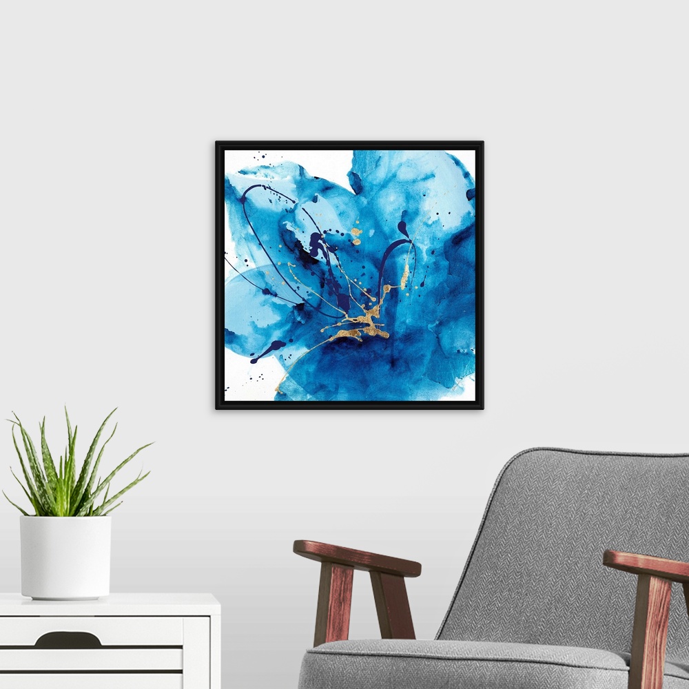 A modern room featuring Contemporary abstract painting using a splash of vibrant blue against a white background.