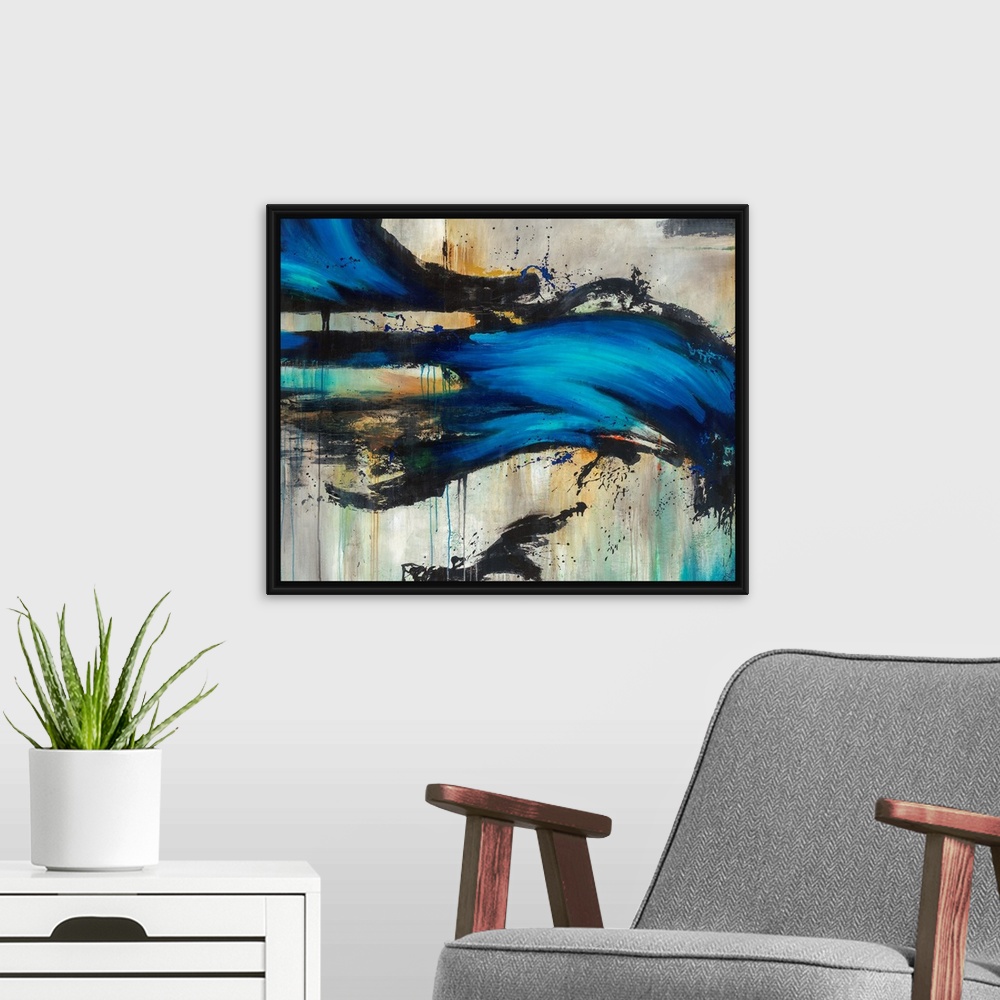 A modern room featuring Contemporary artwork of a bright blue wave-like form overtop a neutral background with black spla...