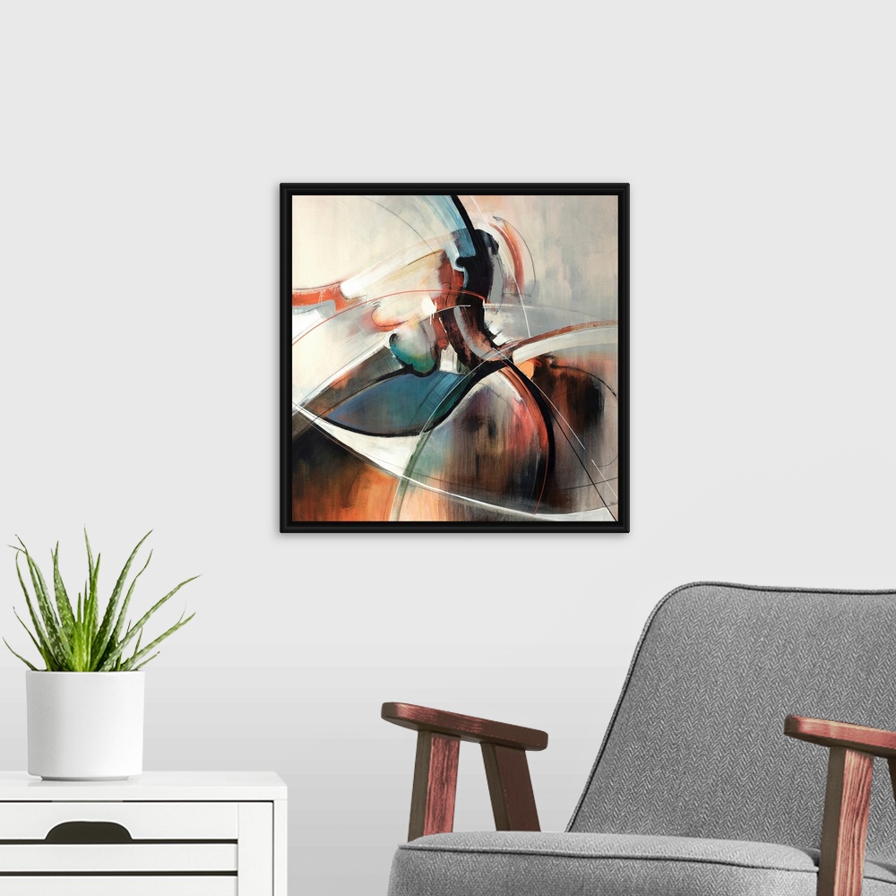 A modern room featuring This contemporary painting is an abstract blend and swirl of shapes on square shaped wall art.