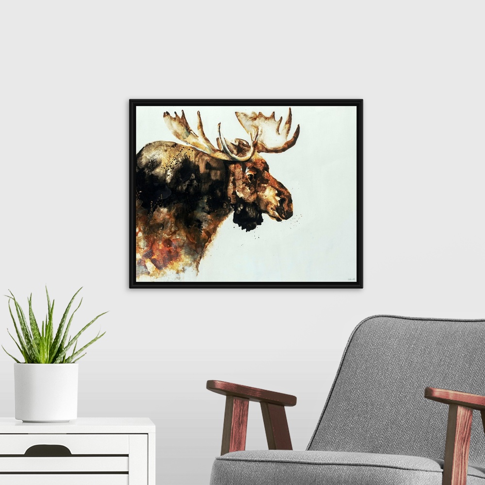 A modern room featuring Contemporary watercolor portrait of a moose in varying shades of brown.