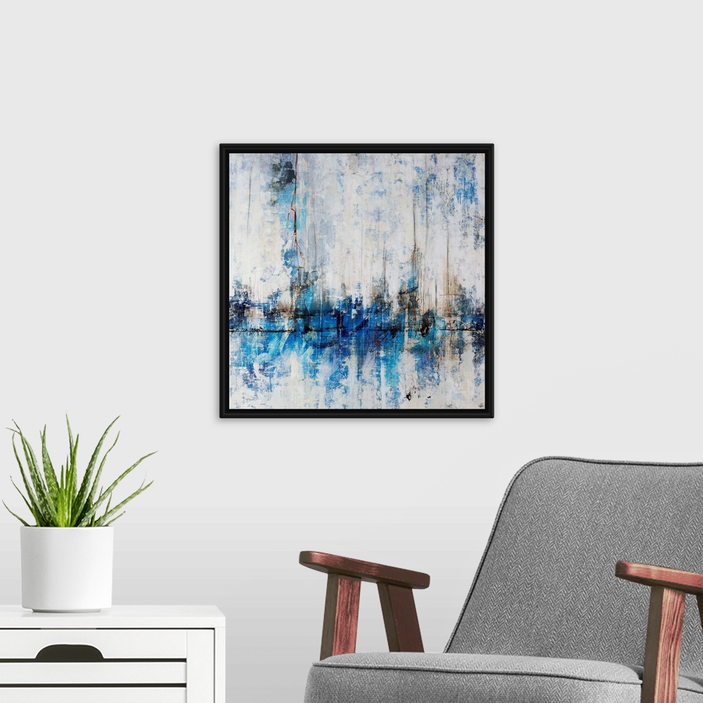 A modern room featuring Abstract painting of a city skyline in cool tones, reflecting in the water in the foreground. Pai...