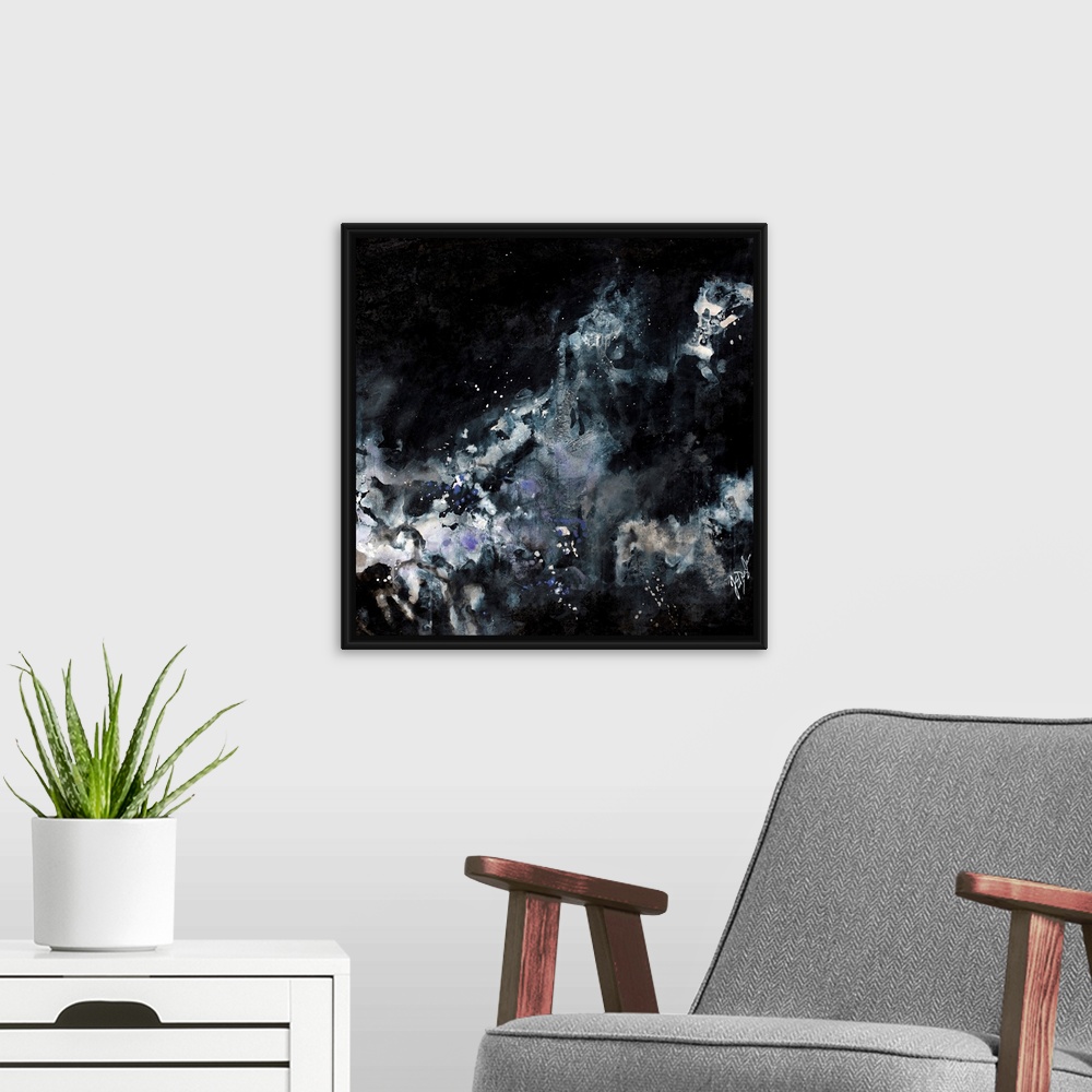 A modern room featuring This wall art is an abstract painting created by ink wash applications of paints to create star l...