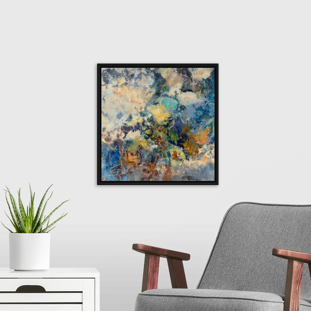 A modern room featuring Huge abstract art depicts a large assortment of flowers mixed together through the use of numerou...