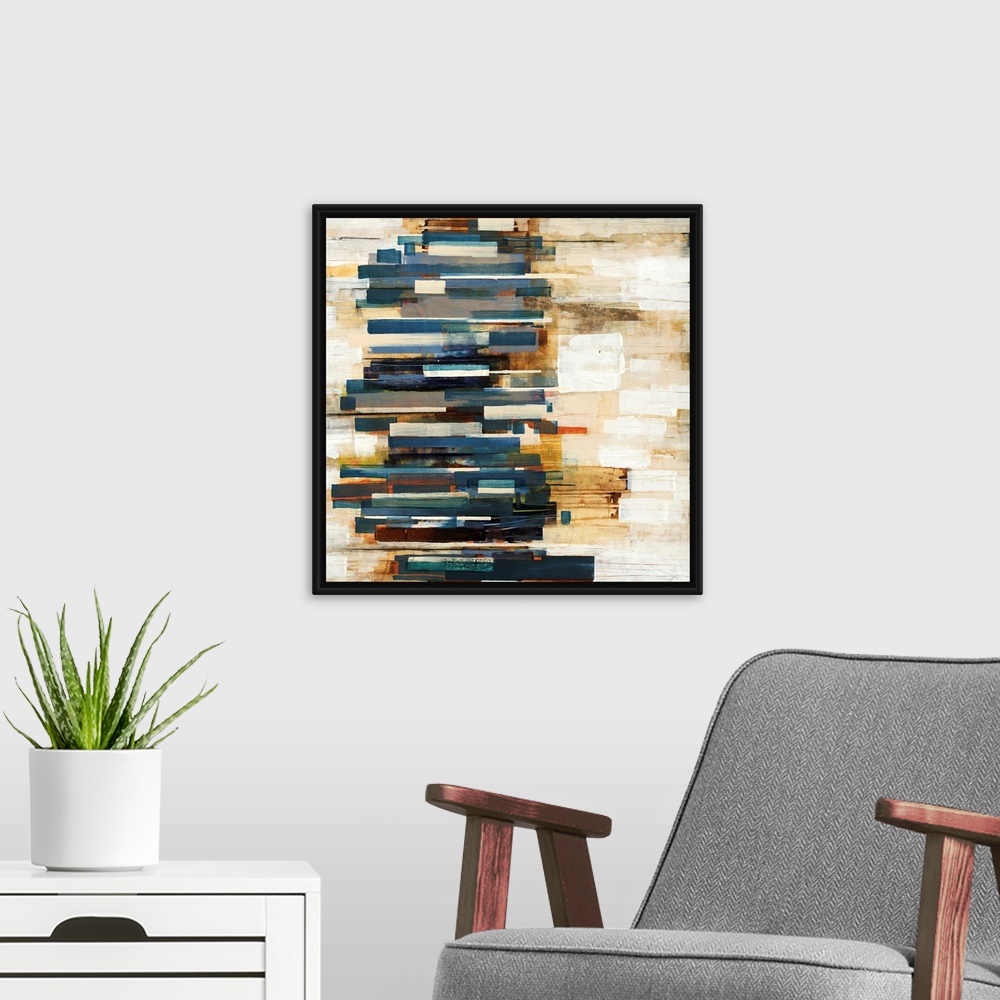 A modern room featuring This large square shaped wall hanging is an abstract painting created with geometric brushstrokes...