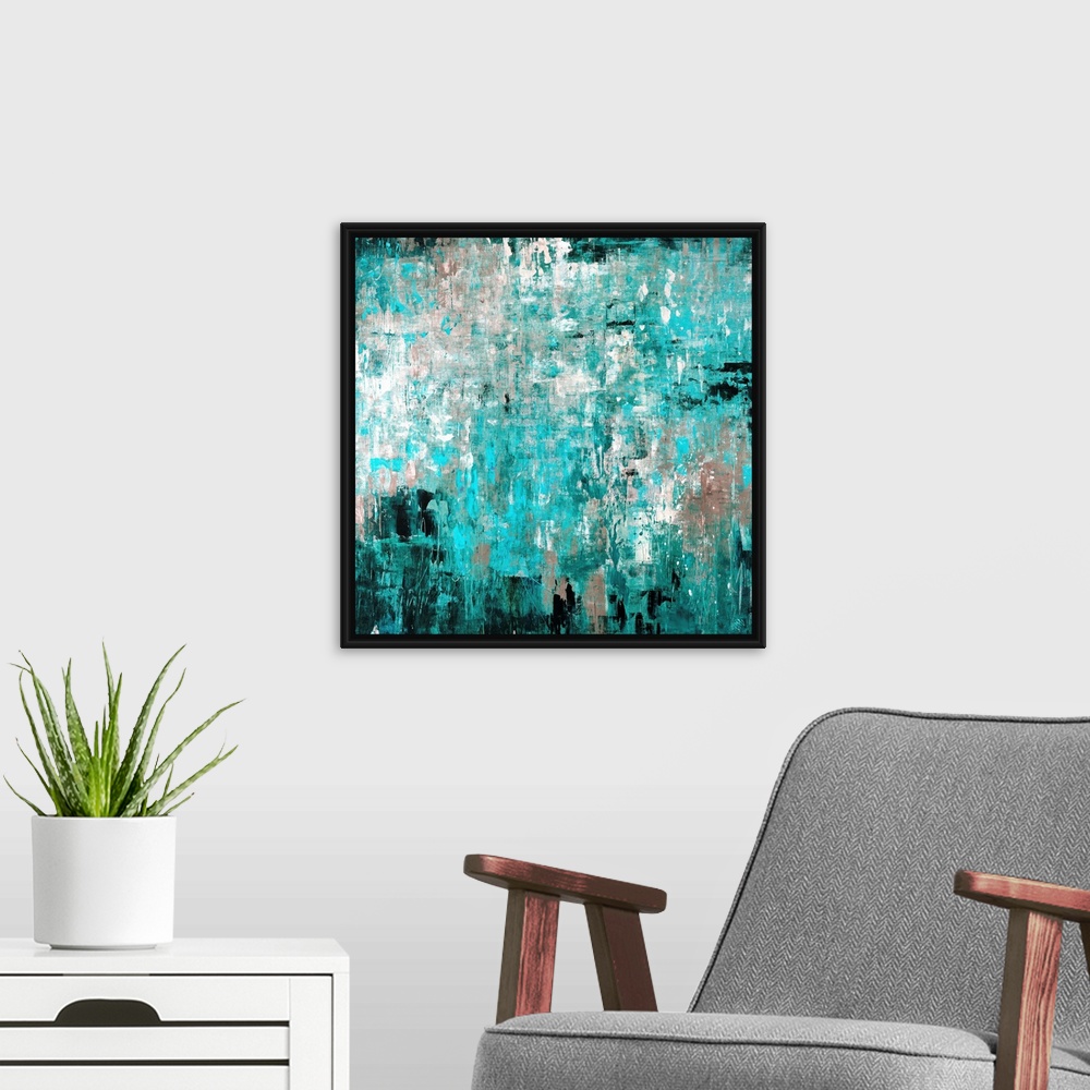 A modern room featuring Big abstract art composed of different shades of a cool tone layered on top and next to each othe...