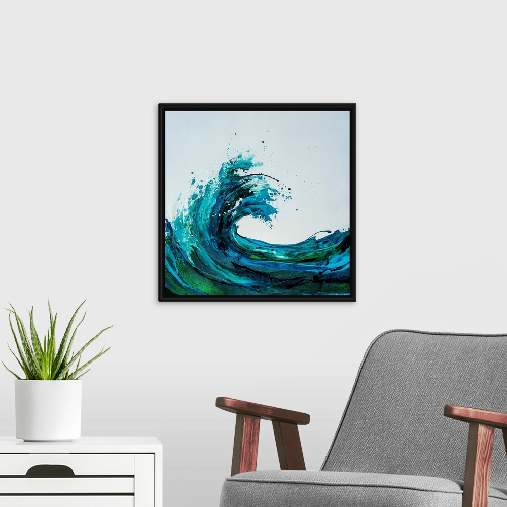 A modern room featuring Contemporary square painting of an energetic wave done in various shades of blue and green.