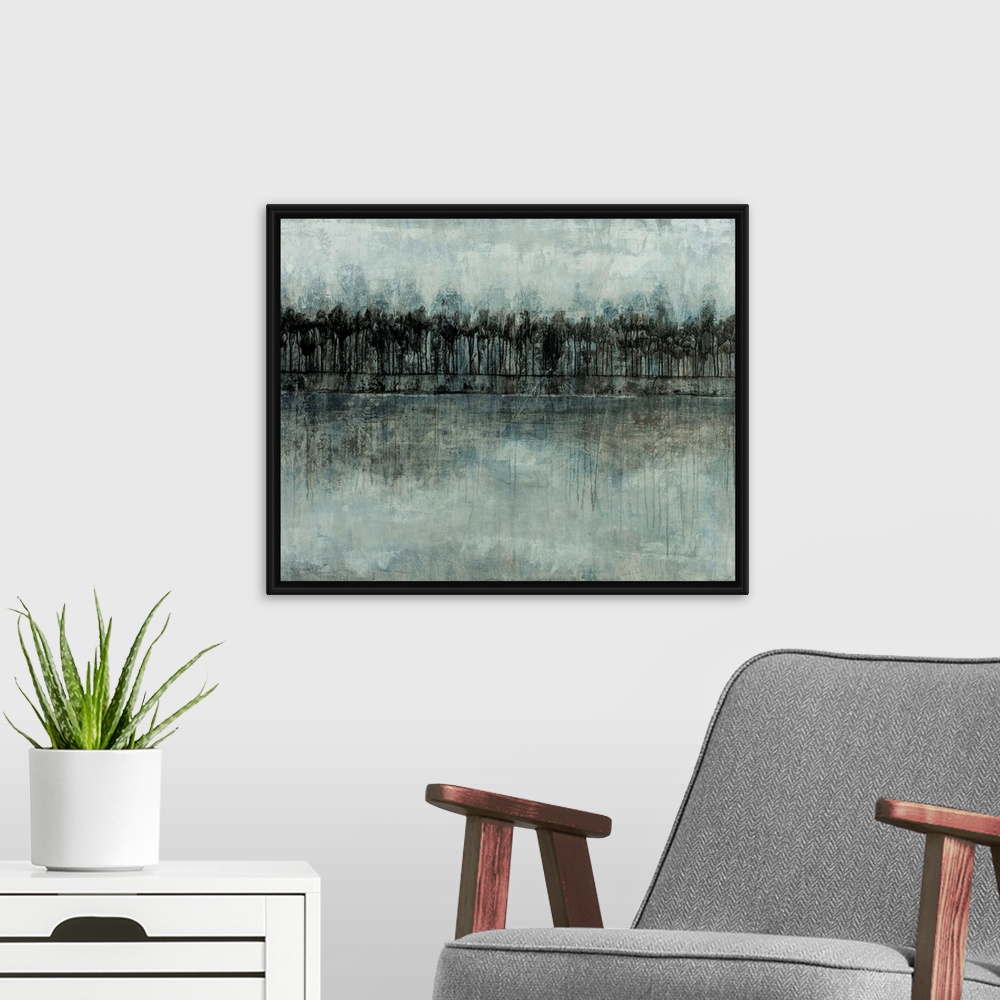 A modern room featuring Abstract landscape of a forest in various shades of blue and gray.