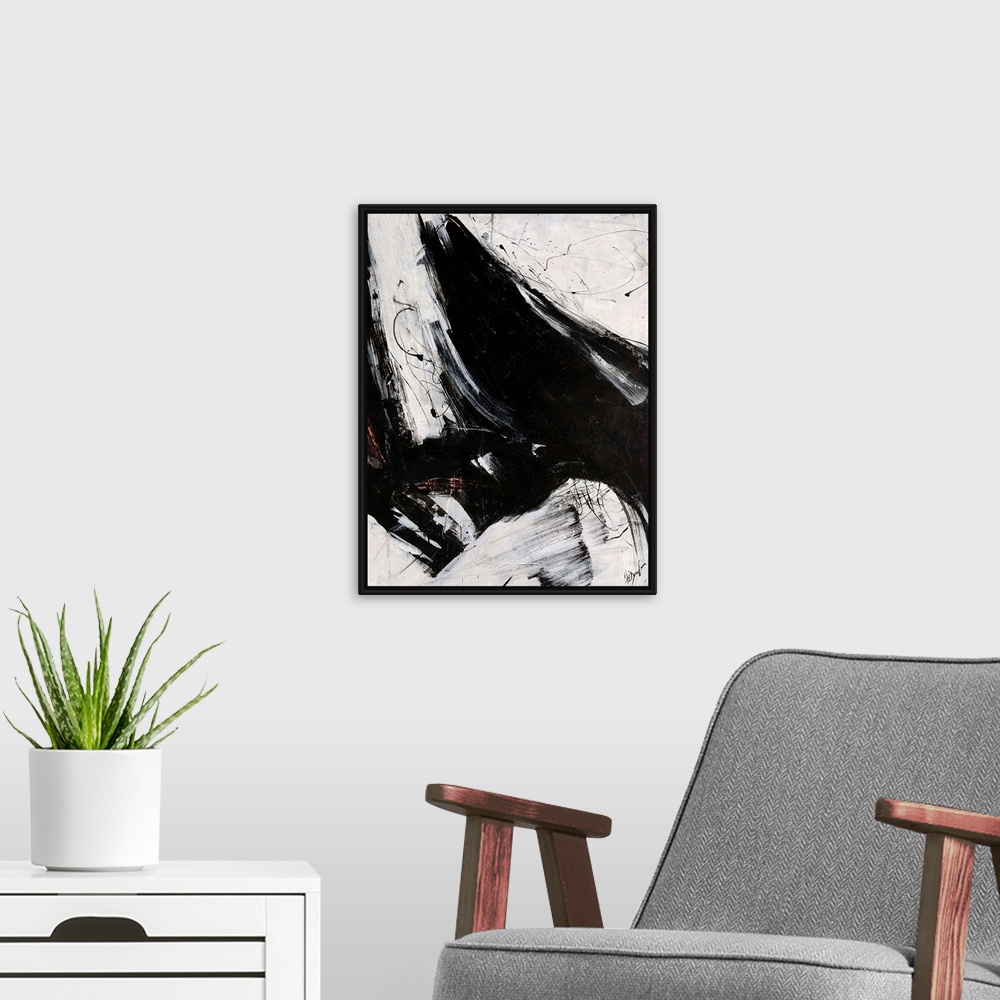A modern room featuring Large abstract art comprised of long brush strokes that boldly fill up the middle of the piece an...