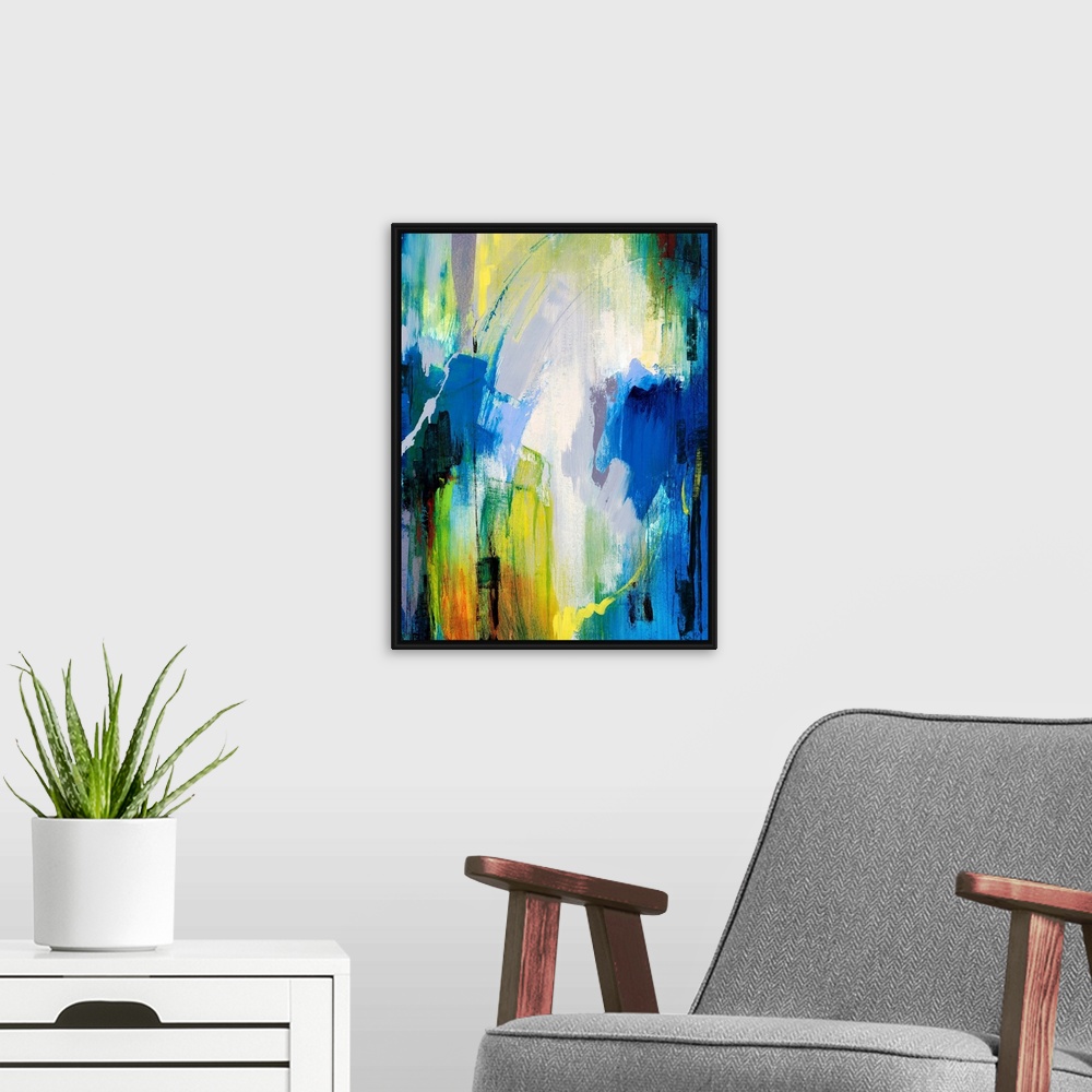 A modern room featuring Contemporary abstract painting with bright, cool strokes of color great for home or office docor.