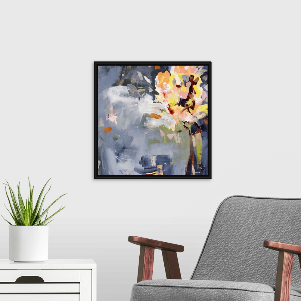 A modern room featuring Square abstract painting of florals over an indigo background.