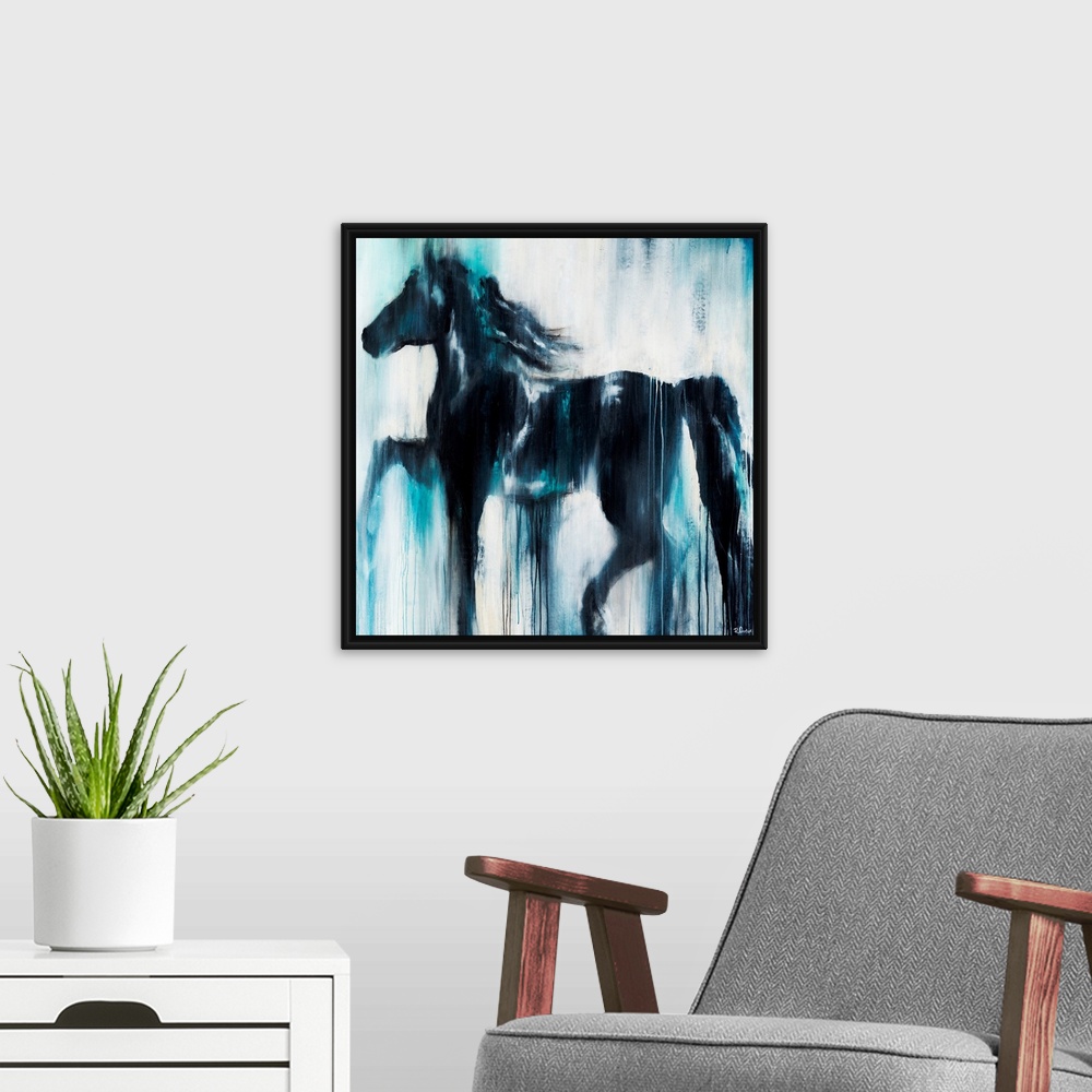 A modern room featuring Giant, horizontal painting of a silhouetted profile of a horse on a light background. The entire ...