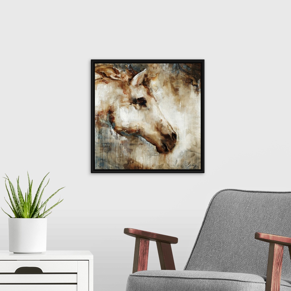 A modern room featuring Huge contemporary art shows a portrait of a horse's head from a side view through a multitude of ...