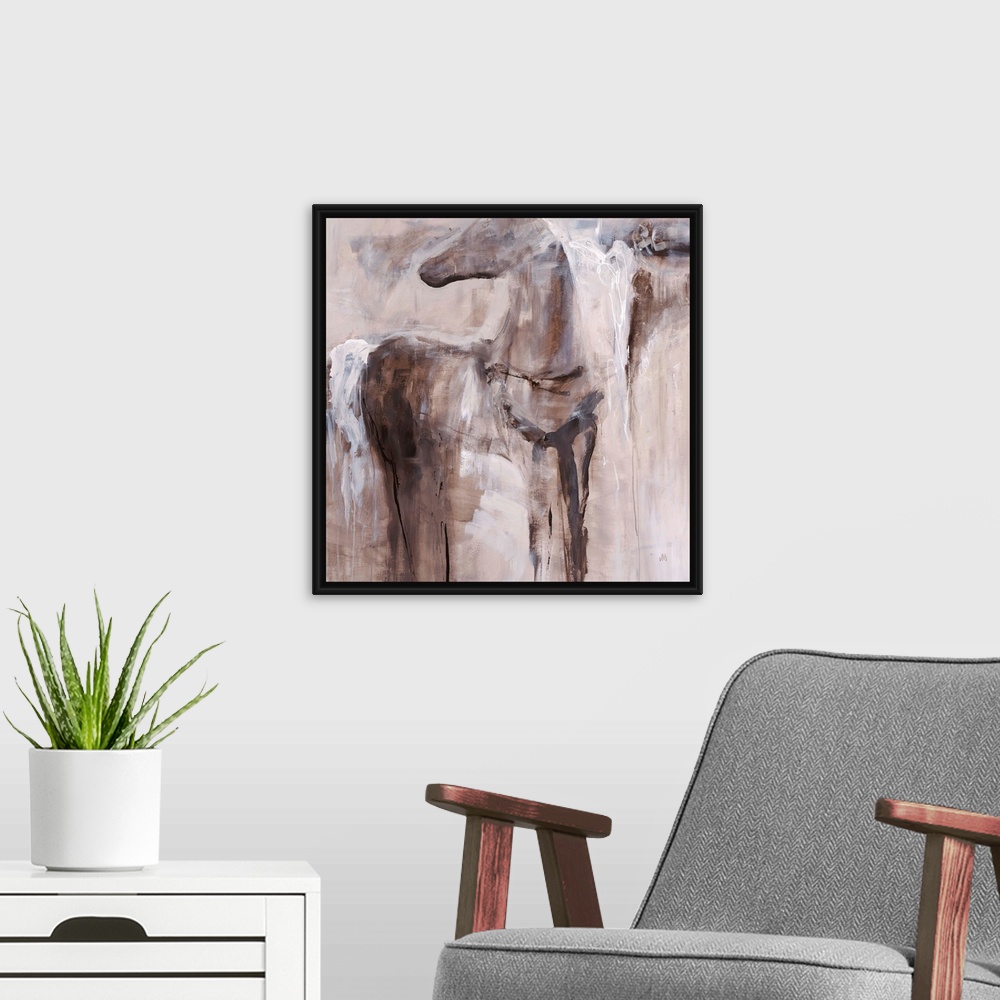 A modern room featuring Abstract painting of a figure of a horse fading into the background of earthy tones.