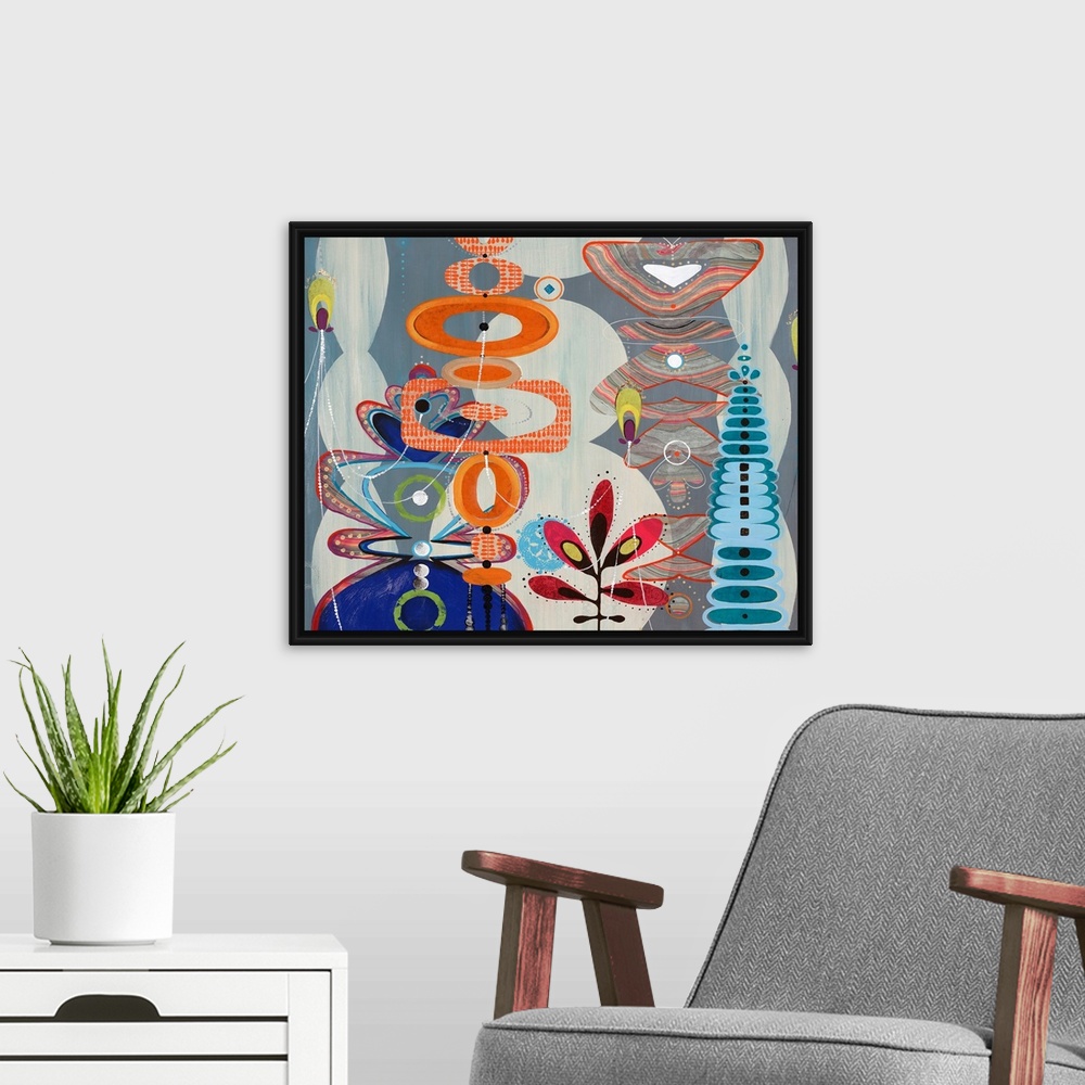 A modern room featuring Fun, contemporary painting of eclectic shapes and patterns, reminiscent of the iconic candy facto...