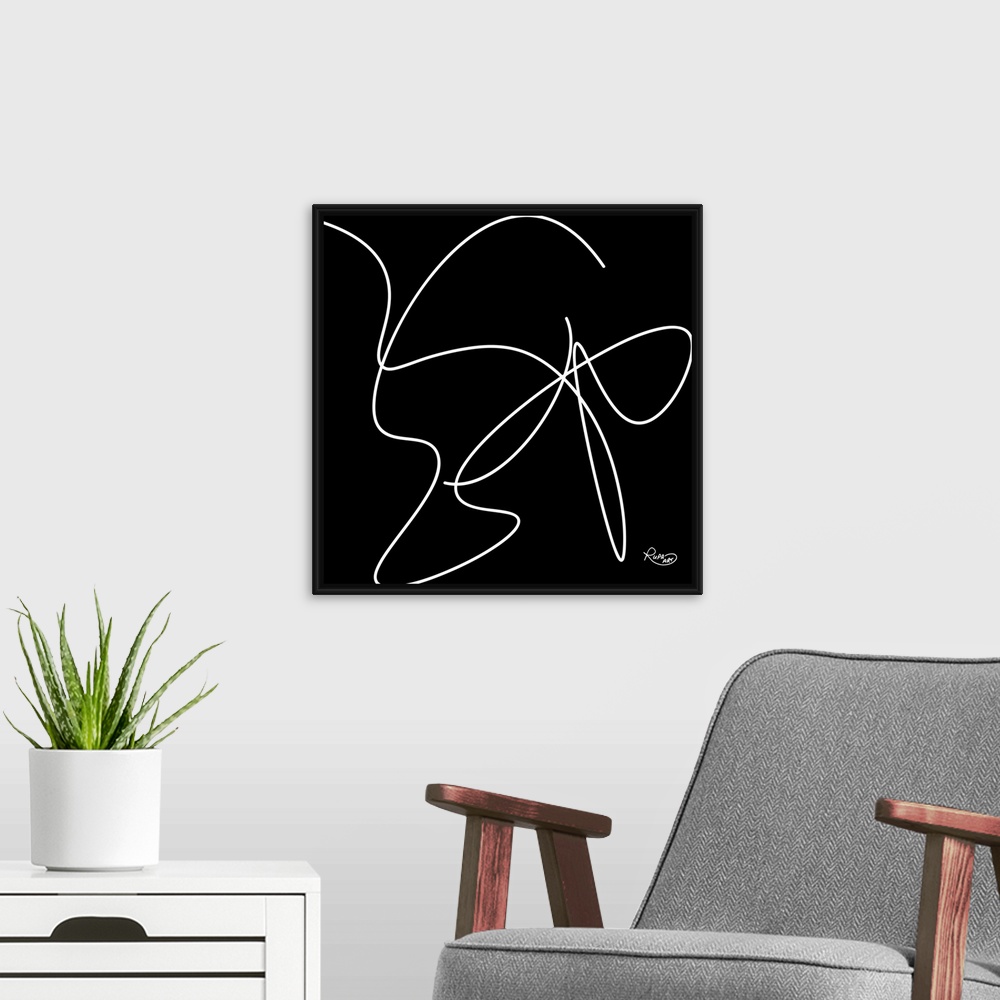 A modern room featuring Minimalist contemporary art of a white swirling line on black.
