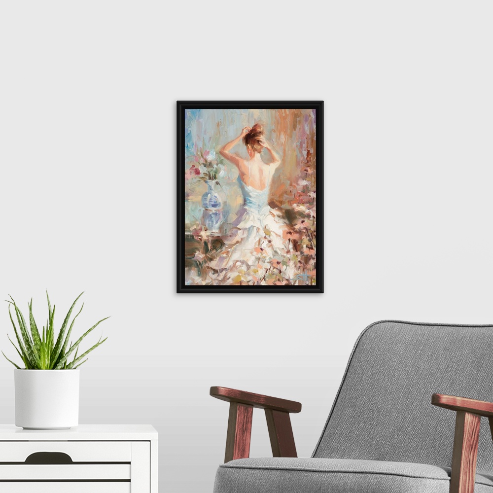 A modern room featuring Traditional impressionist painting of an elegant woman in her boudoir or bedroom, fixing her hair...