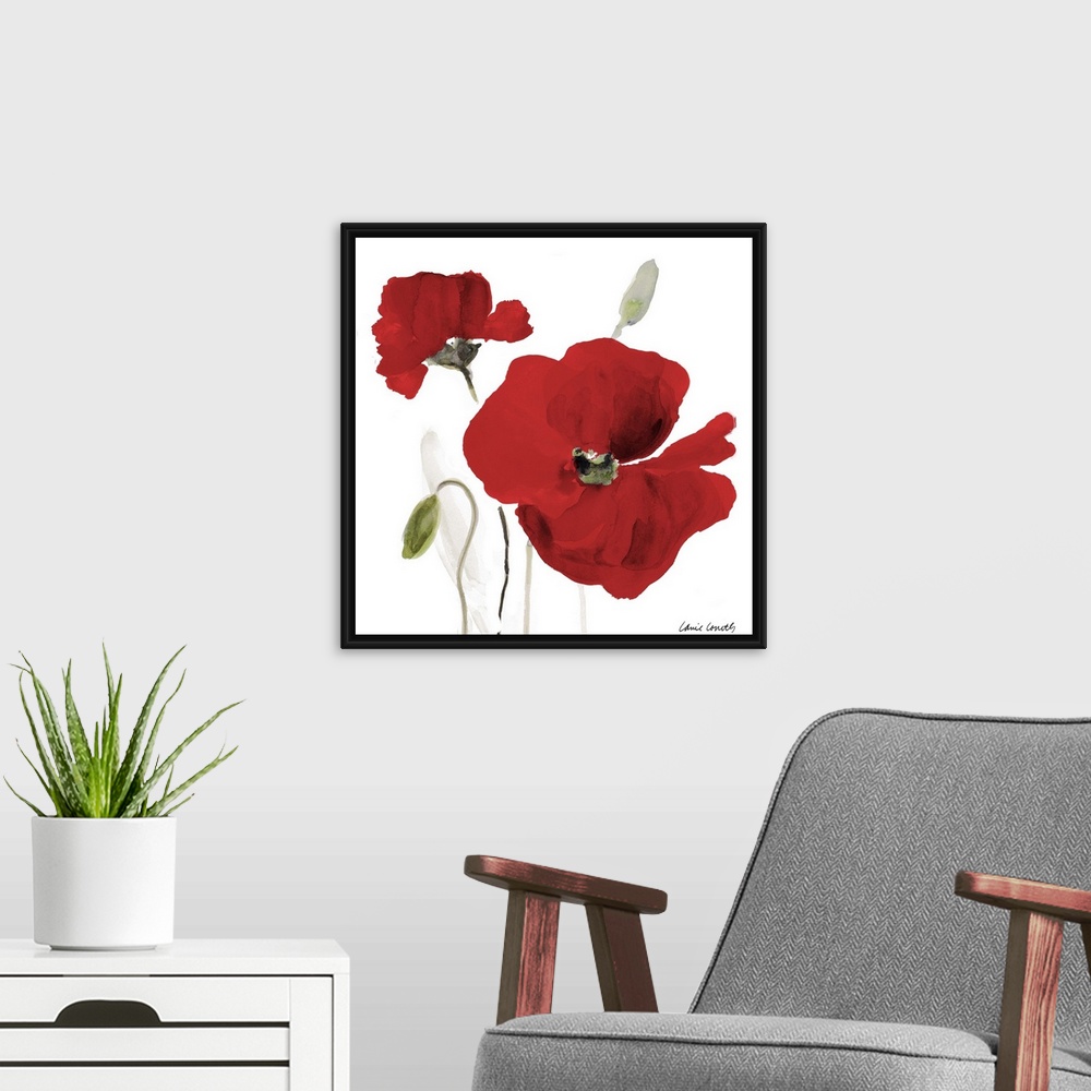 A modern room featuring Square watercolor painting of two red poppy flowers.