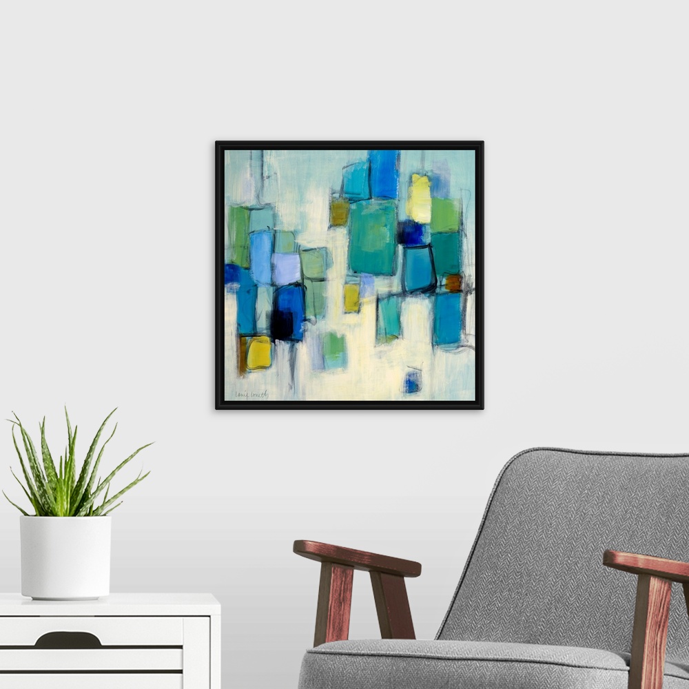 A modern room featuring Big abstract art uses a variety of cool toned rectangles and squares to contrast the simple backg...