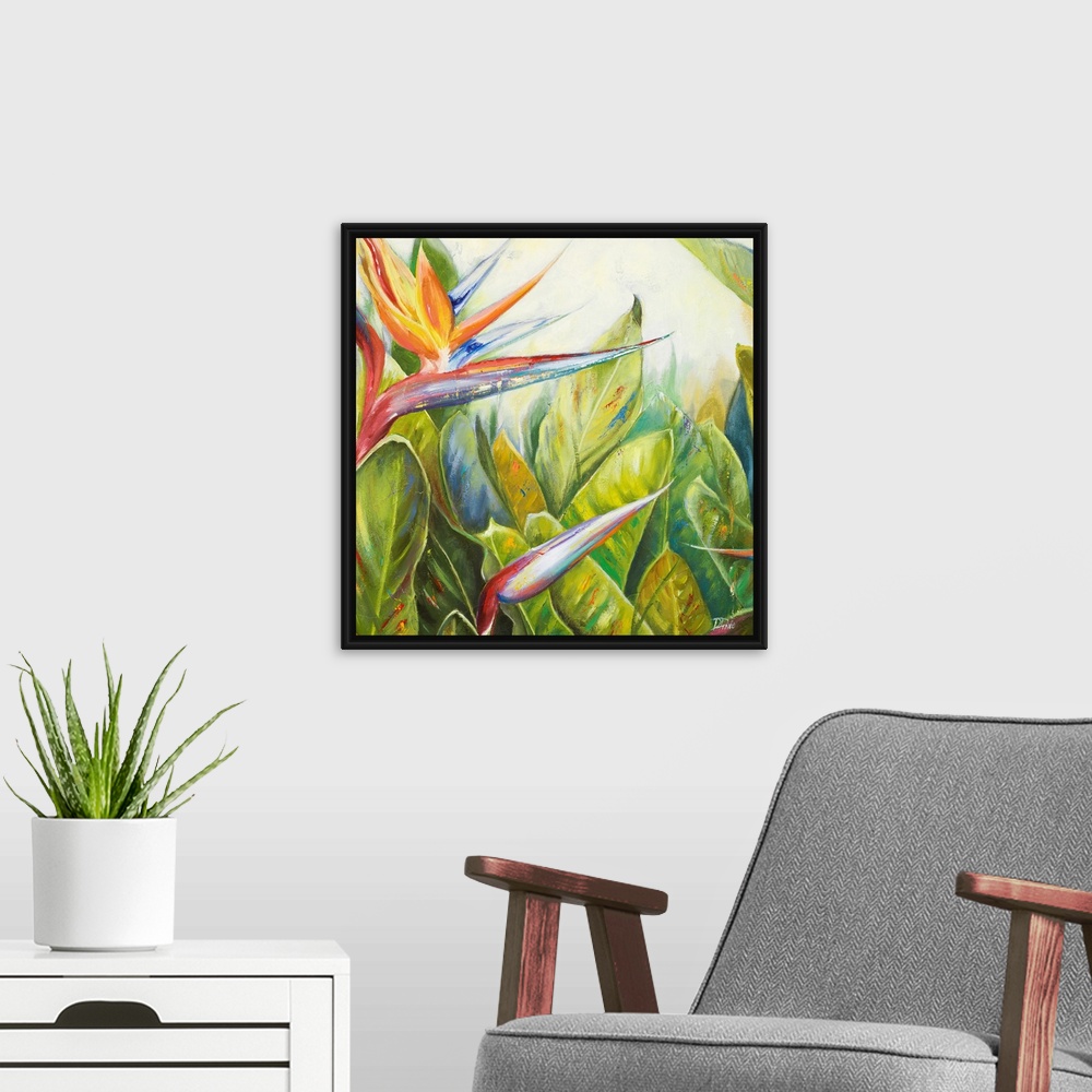 A modern room featuring Square, giant floral painting of two bird of paradise flowers, one bloomed, amongst a large bunch...