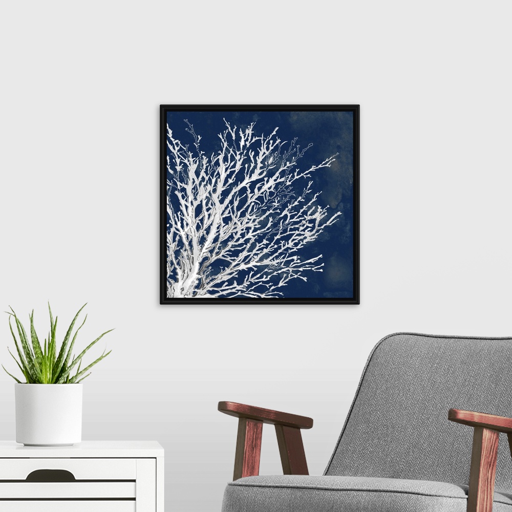 A modern room featuring This is square artwork for the home, office, or beach house that is a drawing of coral over a con...