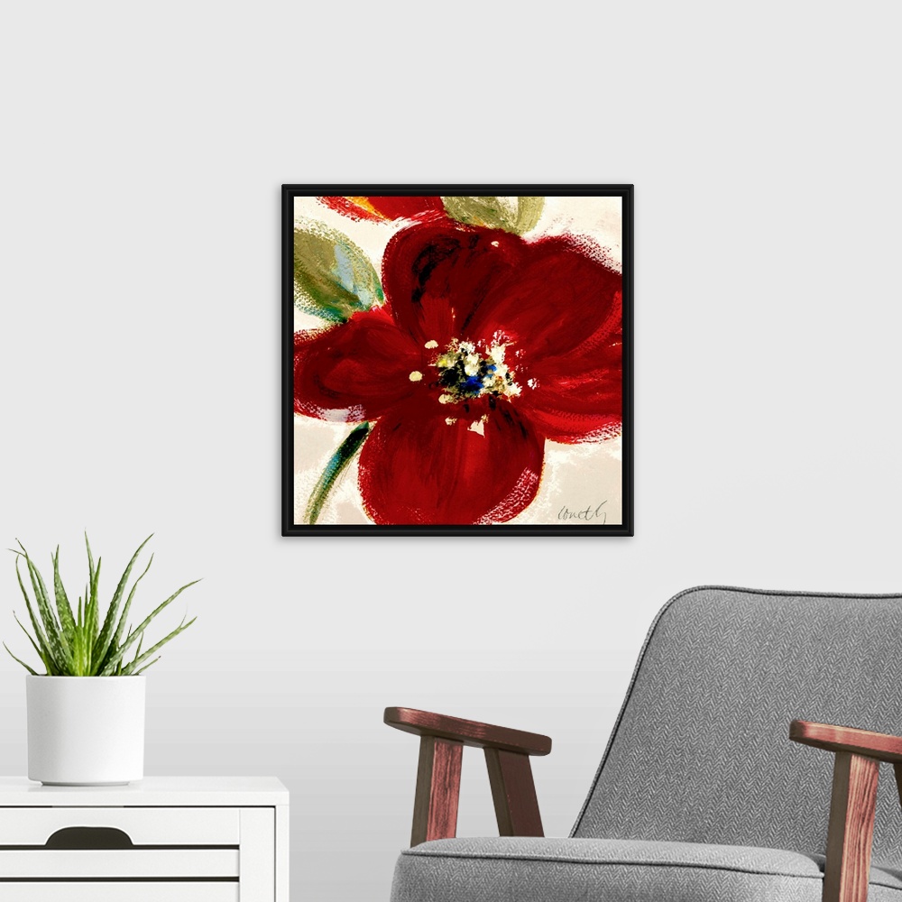 A modern room featuring Oversized, square floral painting of a large flower with several leaves on a neutral background. ...