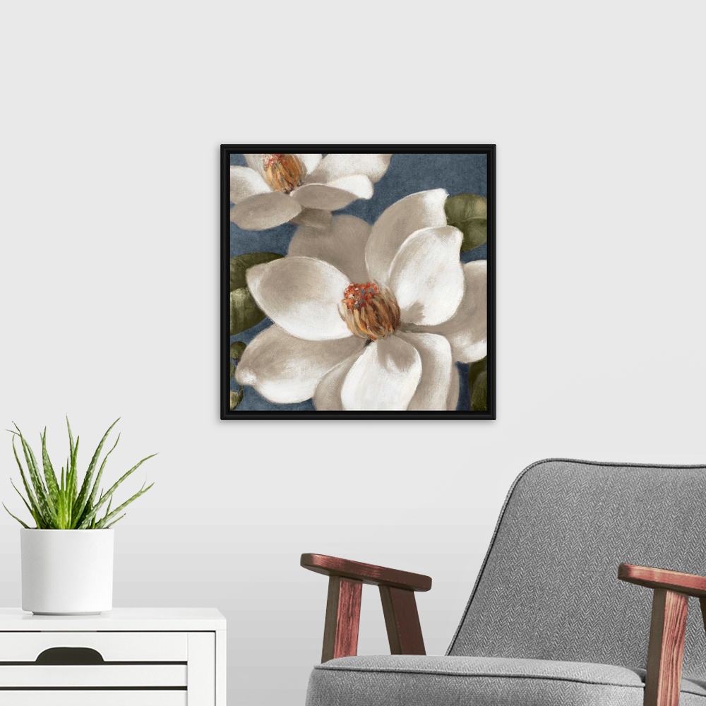 A modern room featuring Acrylic painting of two flowers with broad petals in full bloom backed by rounded leaves.