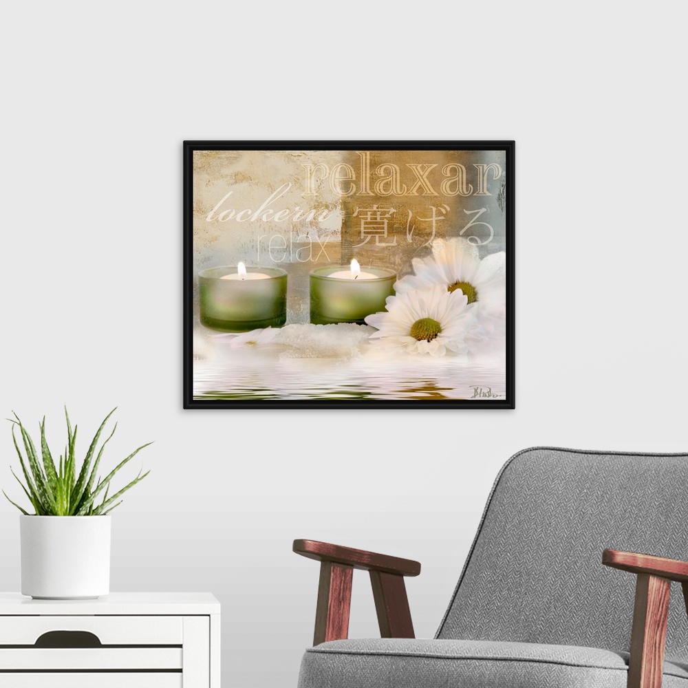 A modern room featuring Digital artwork of candles and flowers sitting in water with typographic design in background.