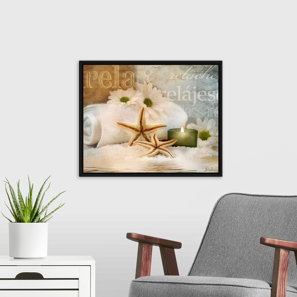 A modern room featuring Seaside spa themed home docor wall art of daisies, starfish, a candle, and super imposed typograp...