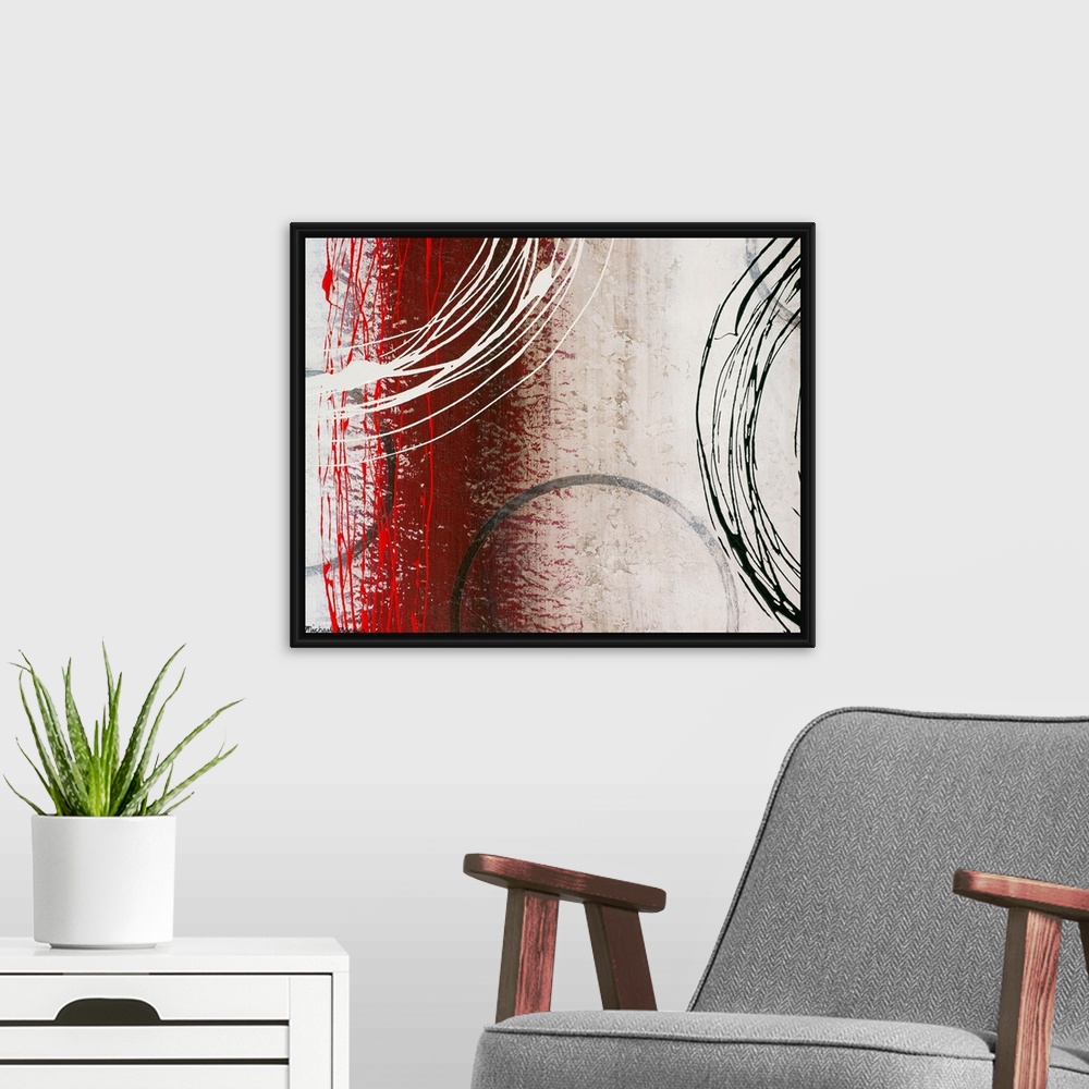 A modern room featuring Abstract painting of  overlapping circles and lines.  The background has distressed vertical band...