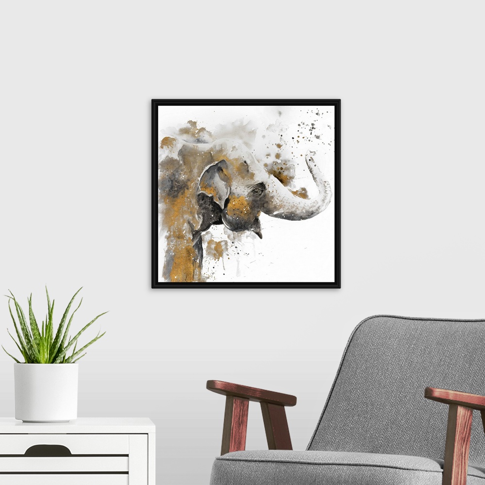 A modern room featuring Watercolor painting of an elephant embellished with gold and paint splatters.