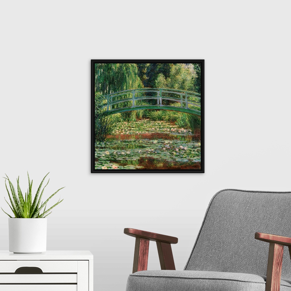 A modern room featuring Monet, Water Lily Pool, 1899. 'Japanese Footbridge And the Water Lily Pool, Giverny.' Oil On Canv...