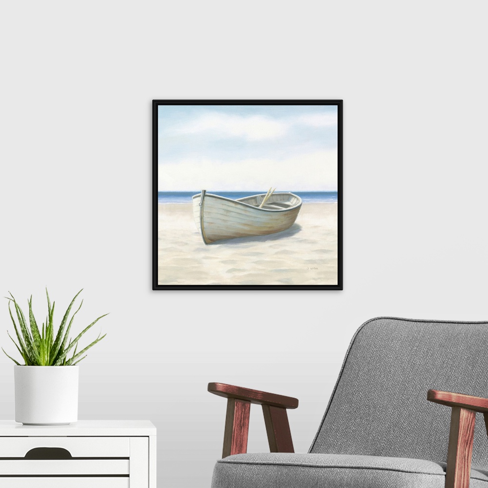 A modern room featuring Contemporary painting of a white boat with oars inside, on the sandy beach with the ocean in the ...