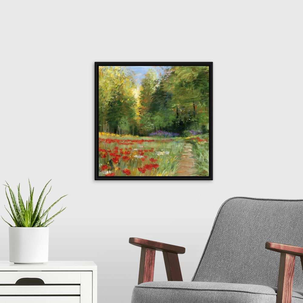 A modern room featuring Classical painting of narrow dirt path winding through flower meadow with forest in the distance.