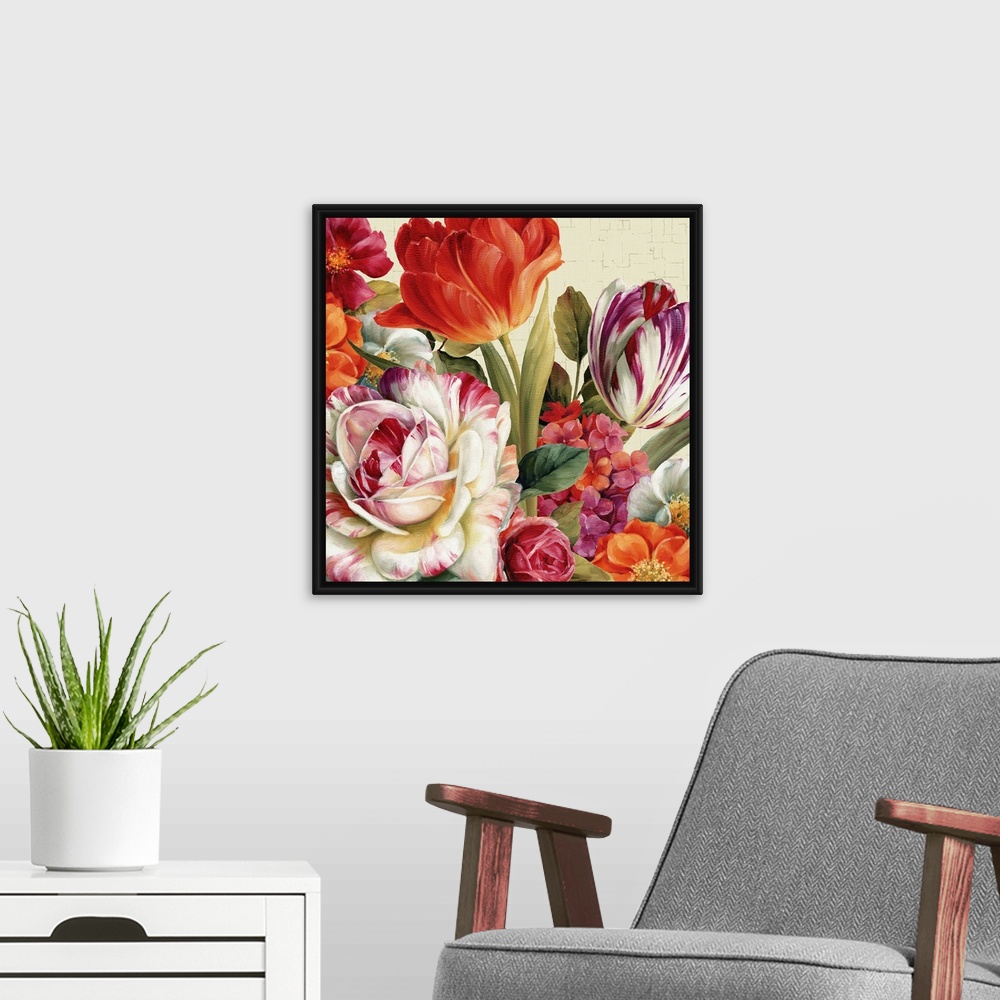 A modern room featuring Big contemporary art focuses on a colorful arrangement of different flowers.