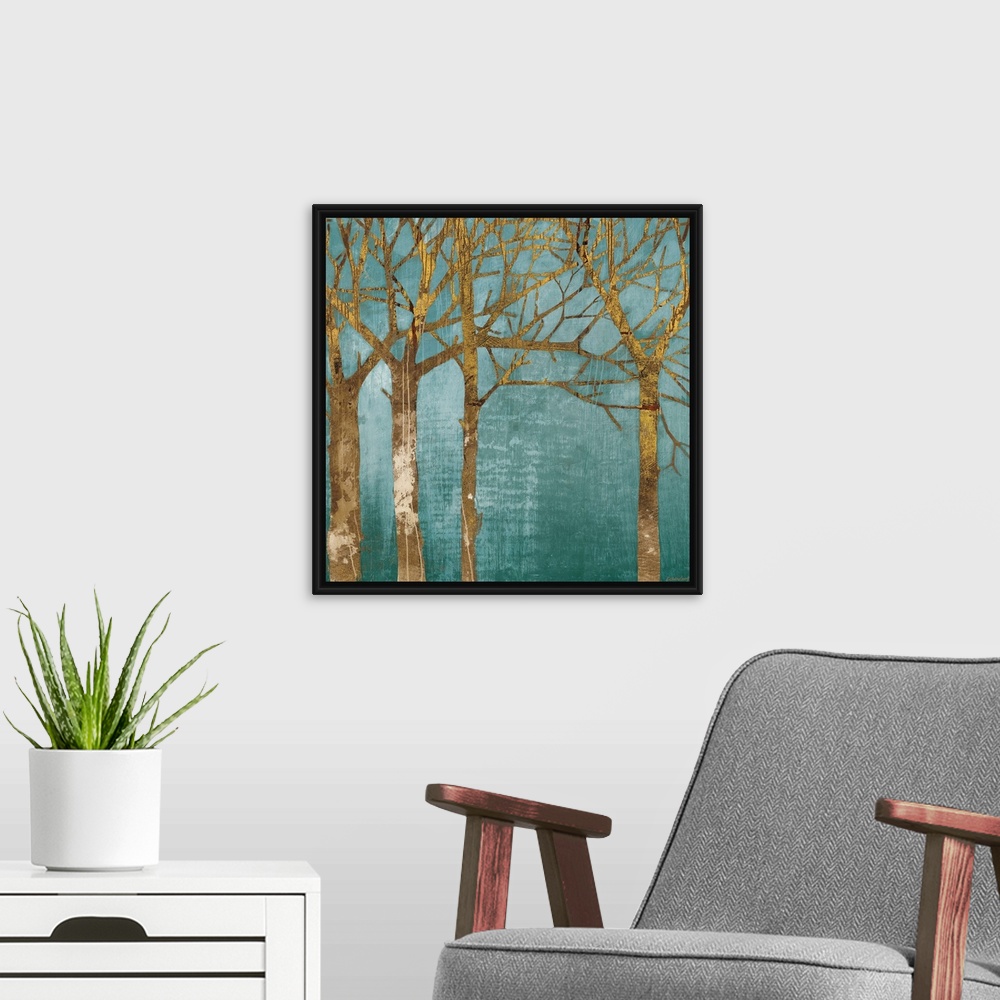 A modern room featuring Silhouettes of painted trees over a contrasting flat background in this square decorative art.