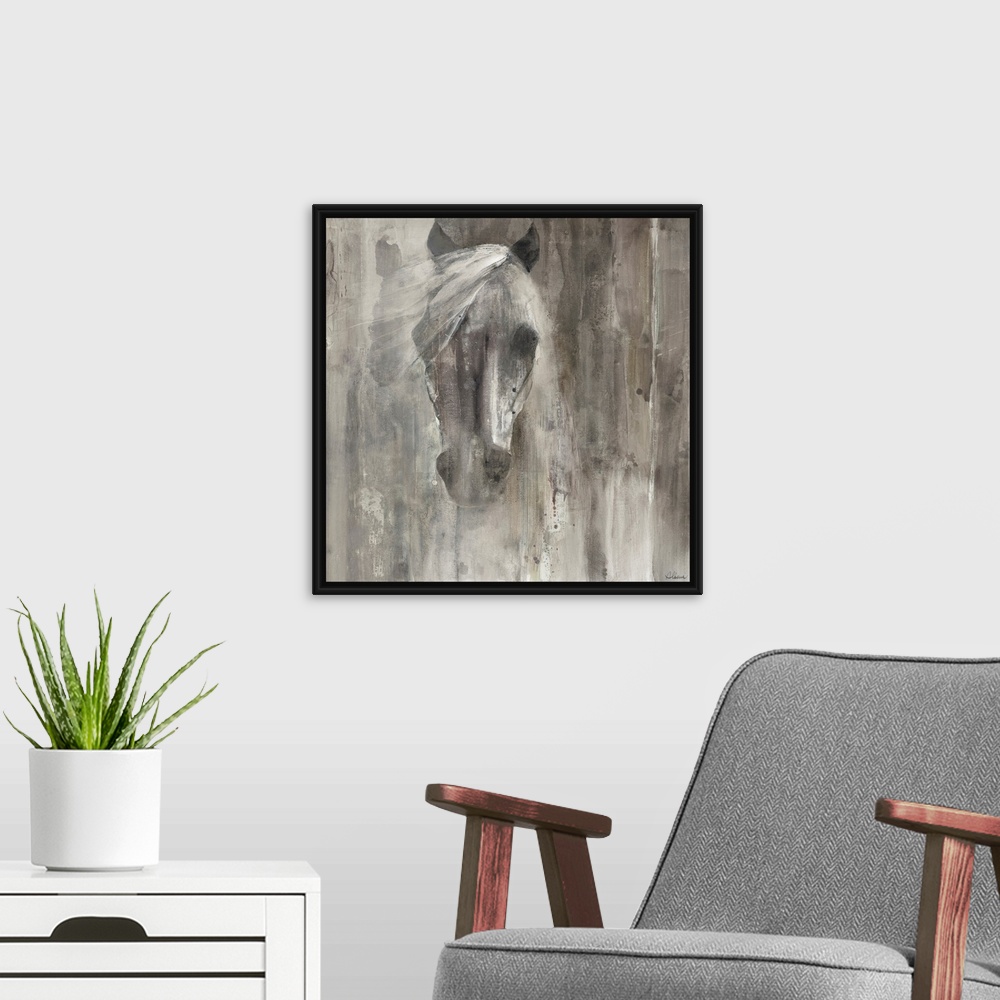 A modern room featuring Contemporary painting of a horse's face and mane in shades of grey.