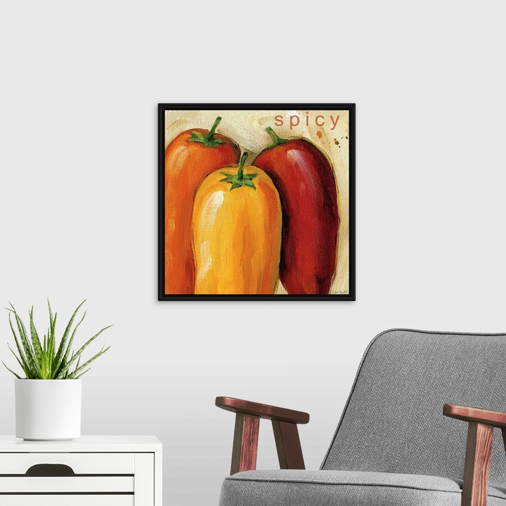 A modern room featuring Painting on canvas of different colored peppers with smooth brush strokes.
