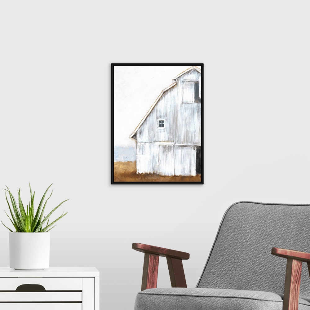 A modern room featuring Horizontal brush strokes and a soft amber landscape form to make a cropped image of a white worn ...