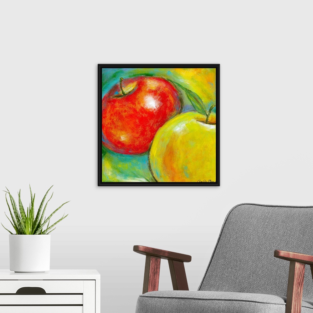 A modern room featuring Giant contemporary art includes a close-up of two apples placed in front of a background incorpor...