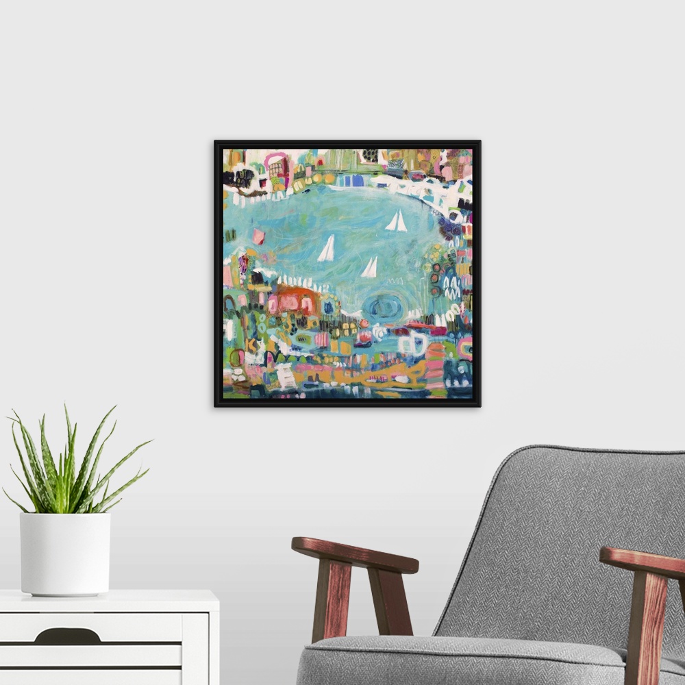 A modern room featuring Contemporary painting of an aerial view of a coastal town with sailboats in the bay.