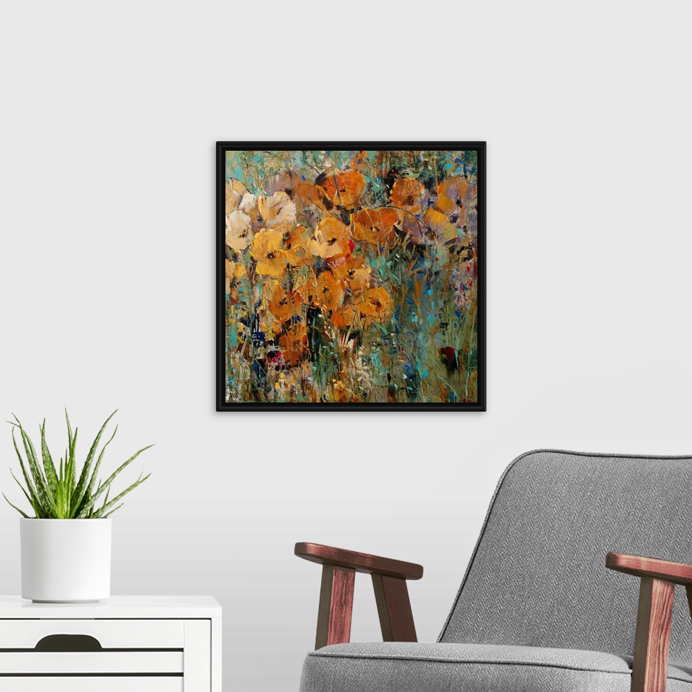 A modern room featuring Large floral art focuses on an arrangement of flowers sitting in the wild.  Artist uses a wide sp...