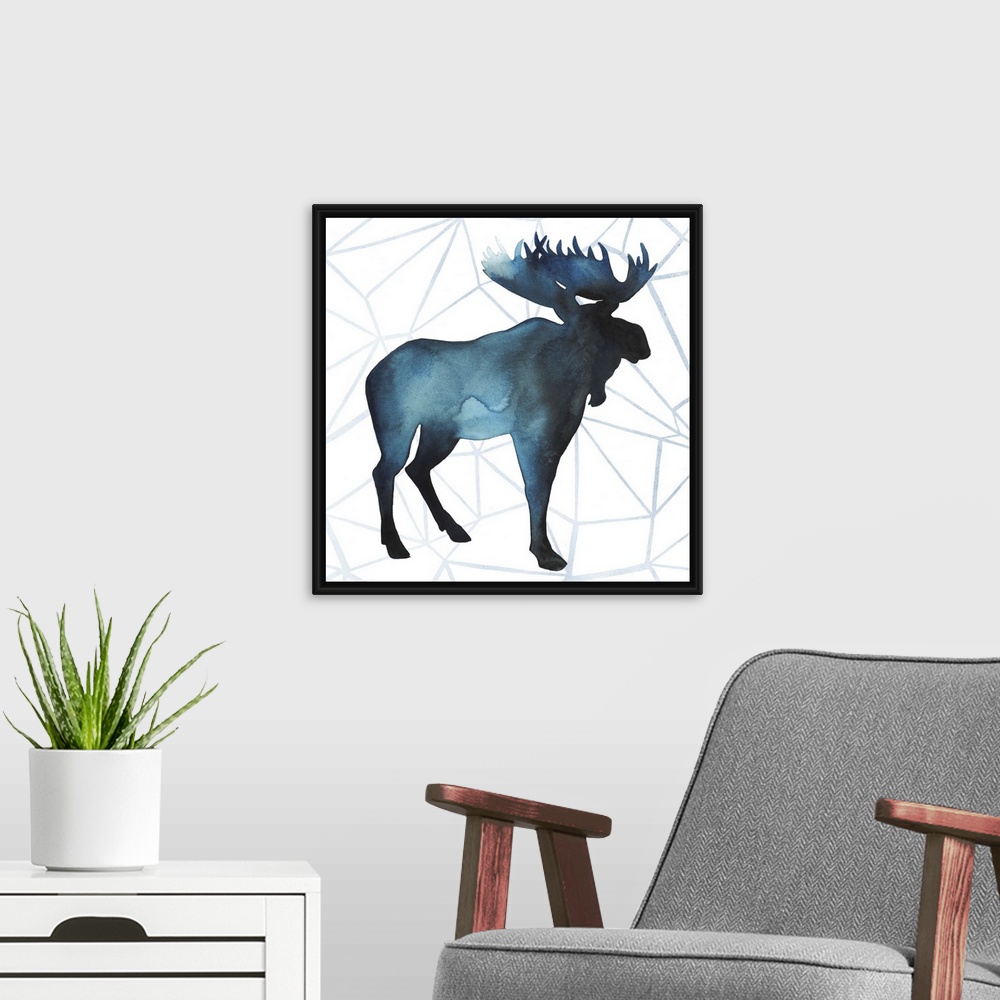 A modern room featuring Watercolor moose silhouette on a grey geometric background.