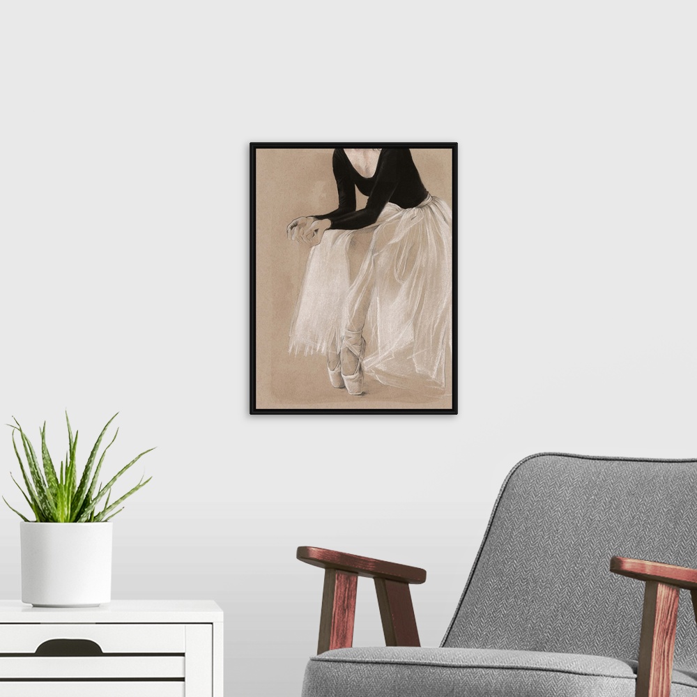 A modern room featuring Detail drawing of the lower half of a ballerina, done in black and white on a beige background.
