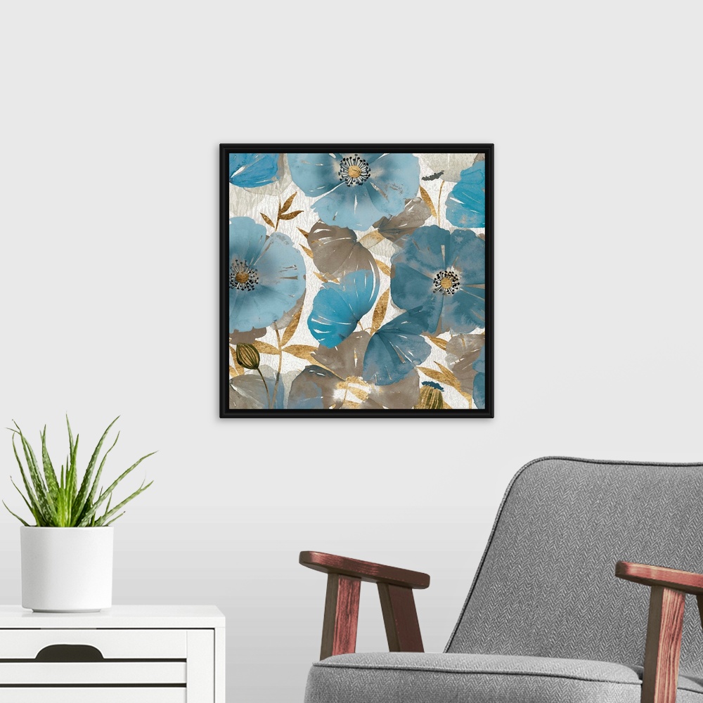 A modern room featuring Blue and Gold Poppies II