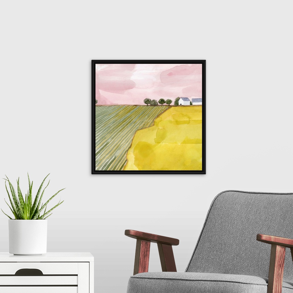 A modern room featuring Pink and green contemporary watercolor landscape.