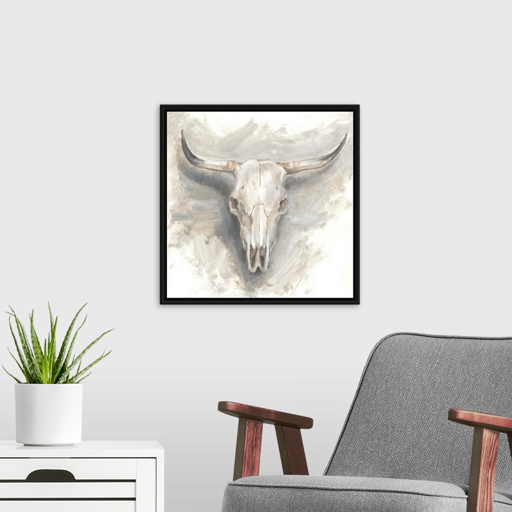 A modern room featuring Contemporary painting of a mounted cattle skull in muted gray and beige hues.