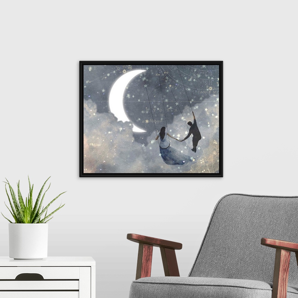 A modern room featuring Whimsical design of a couple on swings, flying through the clouds on a starry night with a cresce...