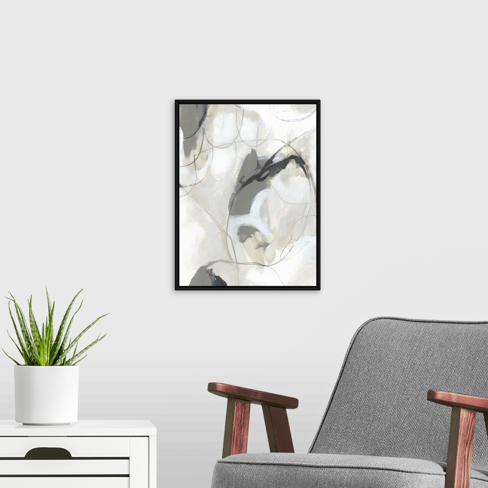 A modern room featuring Contemporary abstract painting in neutral gray and beige.