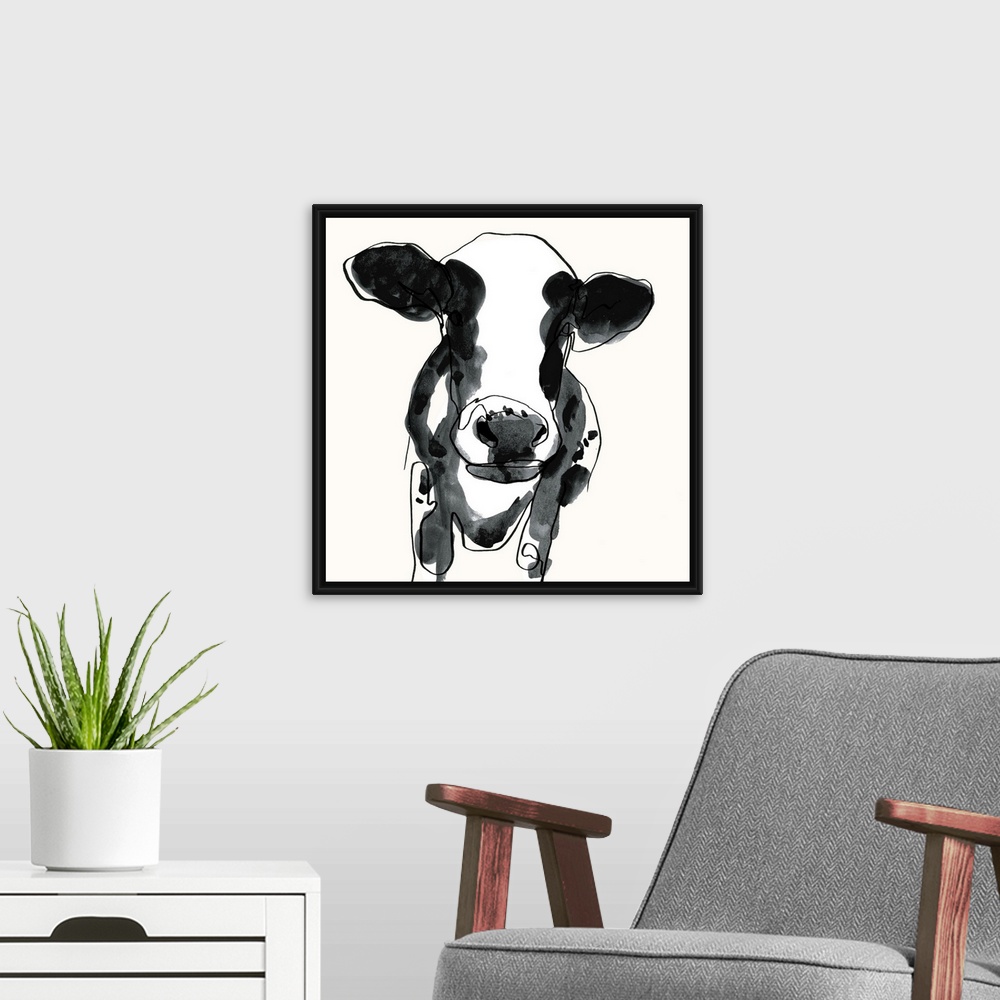 A modern room featuring Contemporary watercolor portrait of a cow in black and white.